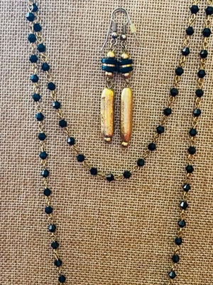 Handmade long necklace and earring set black and gold