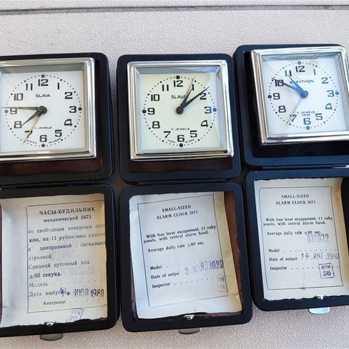 Vintage 3 Slava & Marathon USSR alarm clocks new with case