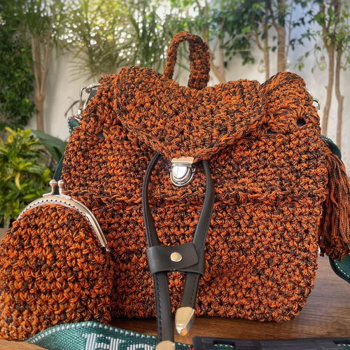 Handmade Boho Knitted Backpack with Wallet Multicolor New