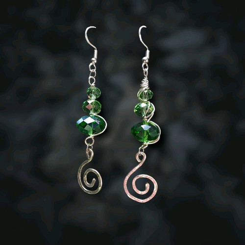 Earrings with green crystals and spiral charms new, silver