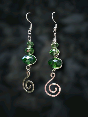 Earrings with green crystals and spiral charms new, silver