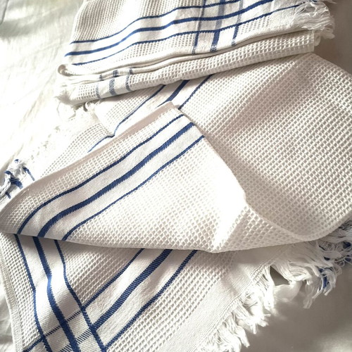 Set of 2 kitchen towels white with blue stripes, new