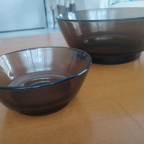 Vereco France 6+1 Bowl Set smoked glass 70s vintage mint condition