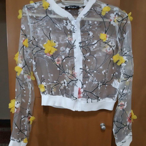 Hyper transparent cardigan with embossed flowers used