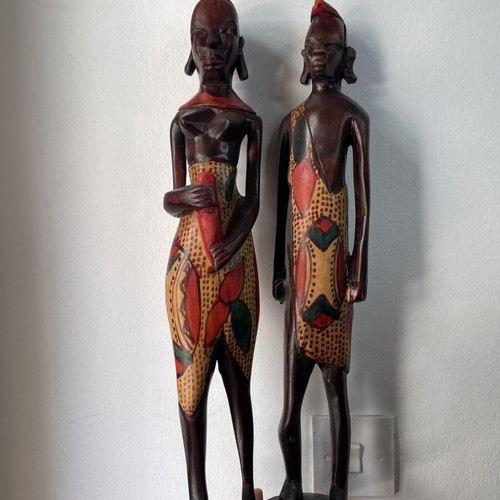 Vintage African wooden statues set of 2, handcrafted, used