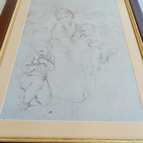 Engraving-style painting, children's scene, 0.80x0.60 m, vintage