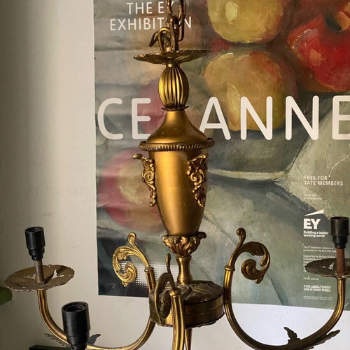Vintage Italian chandelier used brass lighting fixture with gold color