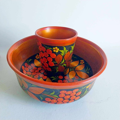 Vintage Khokhloma Hand-Painted Wooden Bowl and Cup Set like new