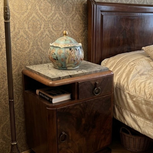 Art Deco vintage nightstands set of 2 with marble top and ceramic vase used