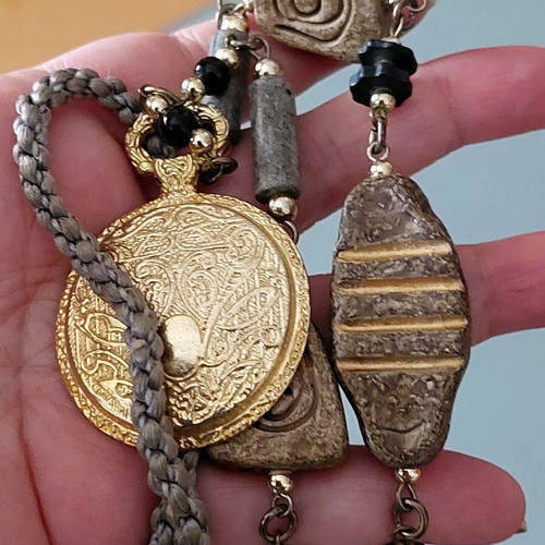 Vintage handmade boho necklace with pocket watch pendant and ceramic stones like new
