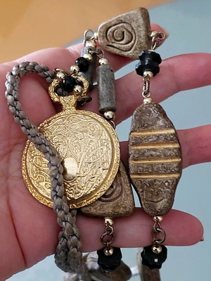 Vintage handmade boho necklace with pocket watch pendant and ceramic stones like new
