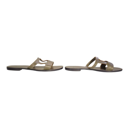 Zeus+Dione leather flat slides sandals used, khaki olive green H-strap IT 41