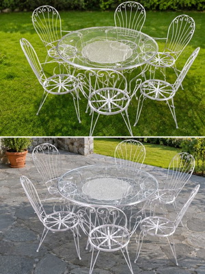 Ferforje table with 6 white chairs, 120cm glass top
