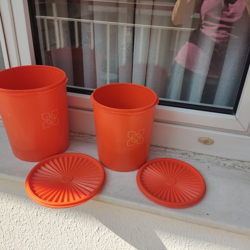 Tupperware containers used, set of two, large 21cm height, small 19cm height