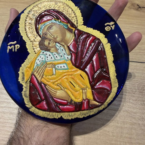 Handmade Greek-Orthodox circular wall icon of Virgin Mary and Christ Child