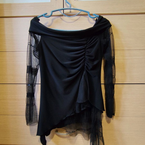 Black blouse with smile neckline and lace sleeves, size M