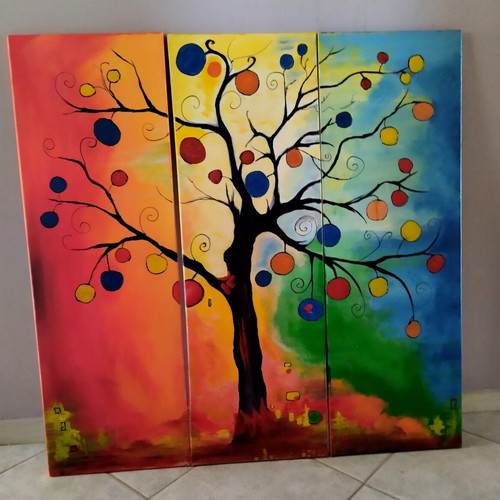 Handmade painting triptych acrylic vibrant colors 90x90 cm like new