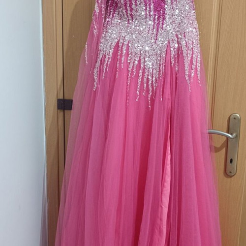 Fuchsia long dress with rhinestones and slit, size M