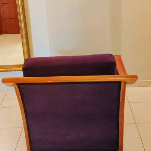 Wooden armchair like new with brown frame and dark purple upholstery