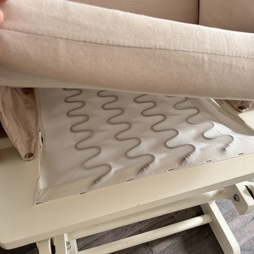 Rocking nursing chair like new, white wooden frame, beige fabric