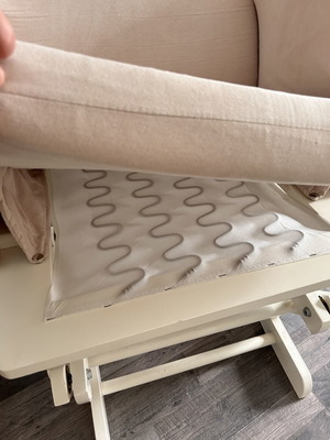 Rocking nursing chair like new, white wooden frame, beige fabric
