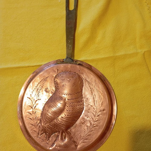 Vintage copper decorative frying pan with embossed owl used