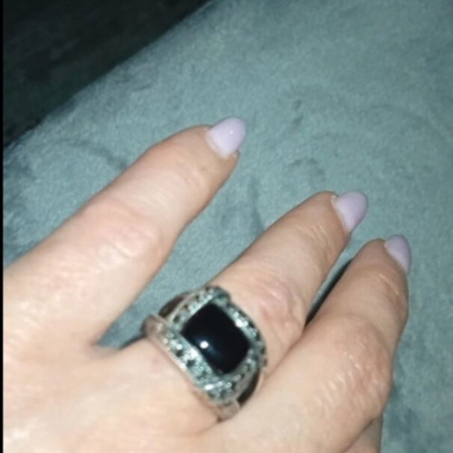 Art Deco silver 925 ring with marcasite and black zircon, cabochon onyx