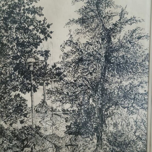 Ink drawing framed art vintage author's signed used