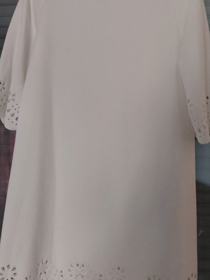 White women's dress with lace design, polyester, 3/4 sleeves, knee length