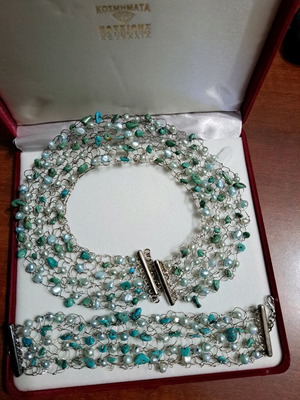 Handmade necklace and bracelet set used, silver with freshwater pearls and turquoise