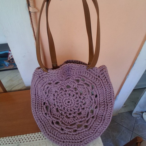 Boho handmade summer shoulder bag dark lilac with leather straps