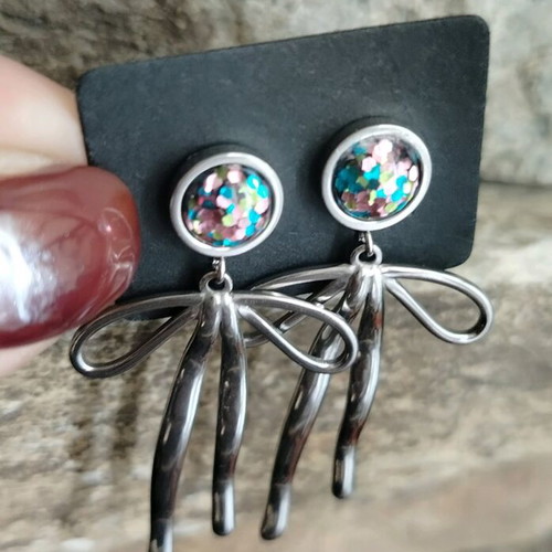 Glitter Ribbon Earrings made of steel, custom order, blue and silver