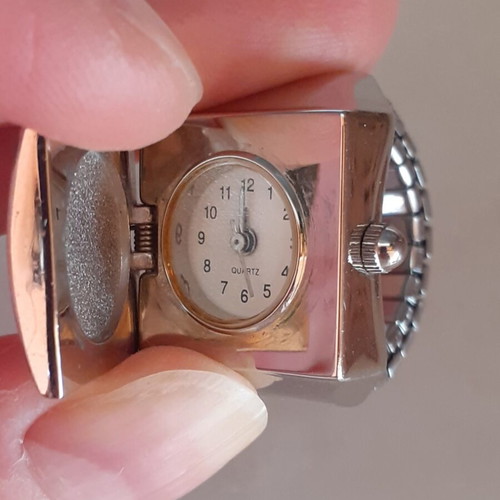 Vintage silver ring watch with rhinestones, decorative