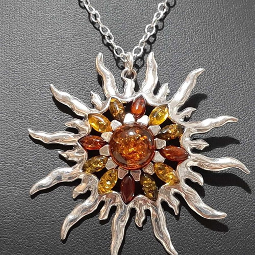 Sun pendant with Baltic amber in 925 silver, new, unworn