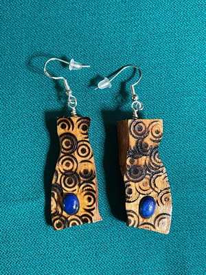 Earrings with lapis and silver clasp, wooden with pyrography