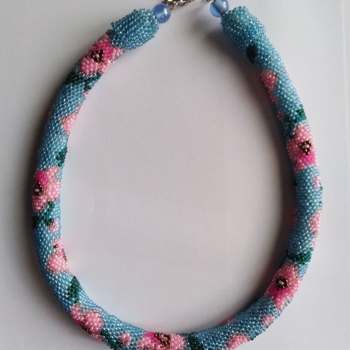 Handmade necklace crocheted with seed beads orchid pattern, new