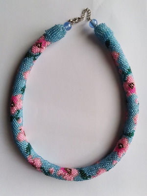 Handmade necklace crocheted with seed beads orchid pattern, new