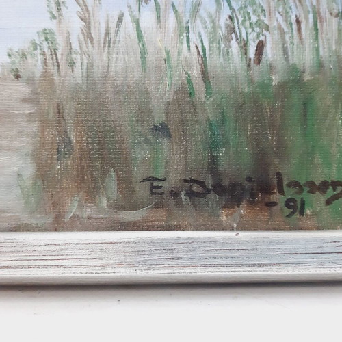 Original Oil Painting 1991 Summer Landscape with Lake and Birds