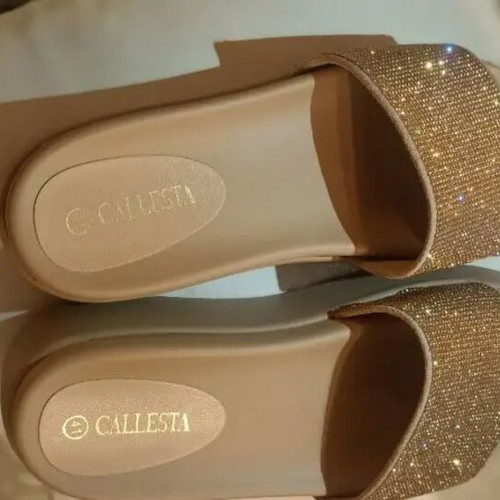 Callesta beige flatform slippers size 41 with gold rhinestones