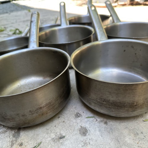 Set of 8 Commercial Stainless Steel Saucepans used