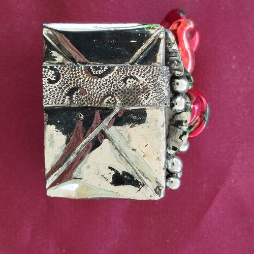 Decorative silver-plated box with red enamel flower and green leaves new