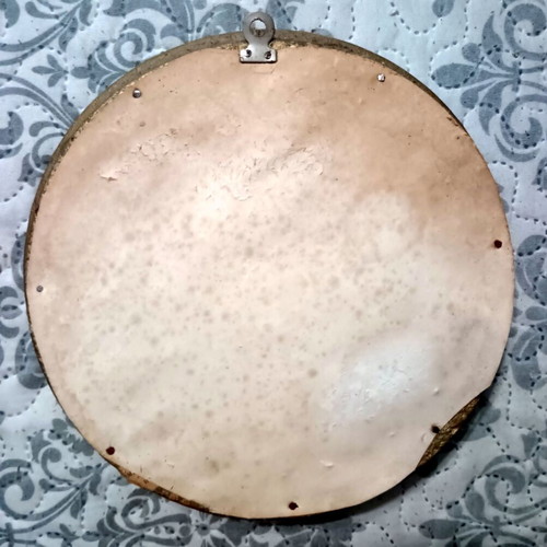 Retro round gobelin 'Woman with water jugs' in gold ornate frame, 21 cm diameter