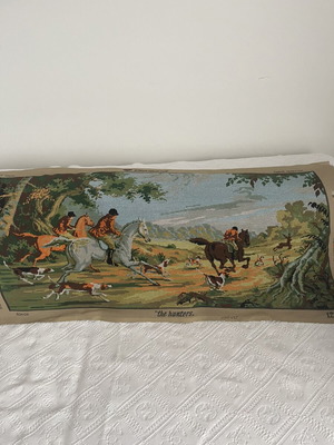 Handmade embroidered textile painting with classic hunting scene