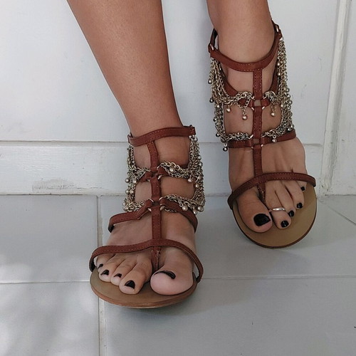 Flat sandals with chains, size 39, brown and gold