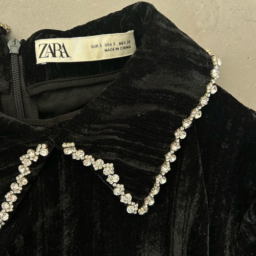 Zara velvet black dress with strass collar like new
