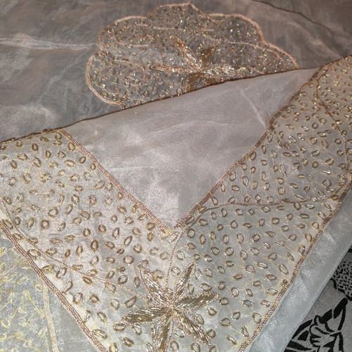 Tablecloth used, gold organza silk from India hand embroidered