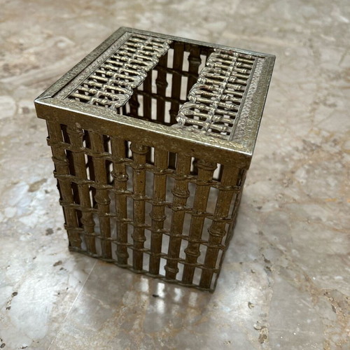 Tissue box holder used, metal, gold, stainless steel, vintage