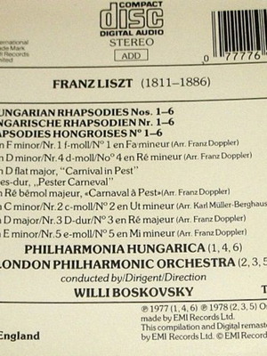Liszt Ungarische Rhapsodien Nos. 1-6 CD Willi Boskovsky καινούργιο