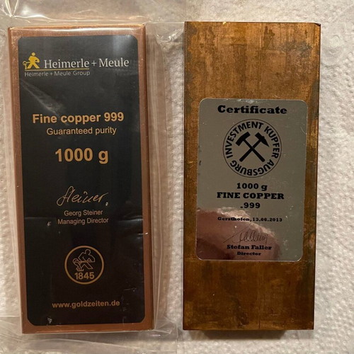 Collectible copper bars 999.9 like new, 2 x 1 kg, made in Germany