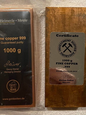 Συλλεκτικές ράβδοι χαλκού 999,9 σαν καινούργιες, 2 x 1 κιλό, γερμανικής κατασκευής